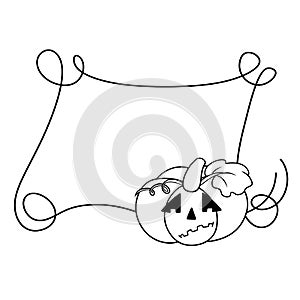 Monochrome Halloween frame with curlicues, Pumpkin sad grins, Copy space, Vector cartoon