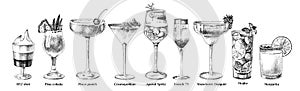 Monochrome hand drawn alcohol cocktails set