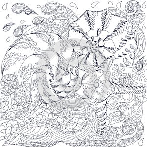 Monochrome hand drawn doodle starfish and shells on waves