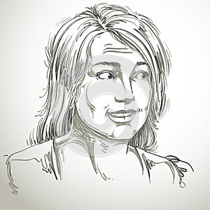 Monochrome hand-drawn image, blameworthy young woman. Bla