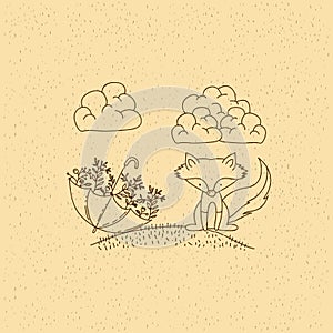 Monochrome hand drawn landscape of fox in hill and umbrella with plants