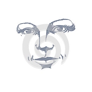 Monochrome hand-drawn silhouette of romantic woman face, delicate features. Face expression on lady face, vector illustration.