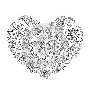 Monochrome heart shape with mehendi flowers and leafs isolated
