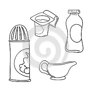 Monochrome icon set, dairy products, whipped cream packaging, yogurt, cartoon vector