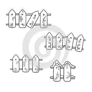 Monochrome Icon set, wooden fence, fence with a broken part, vector cartoon