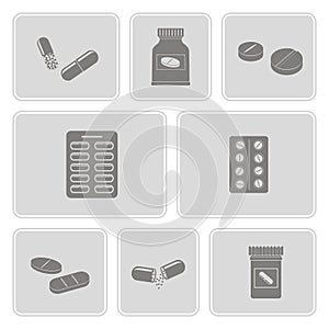 Monochrome icons set with drugs pills and capsules