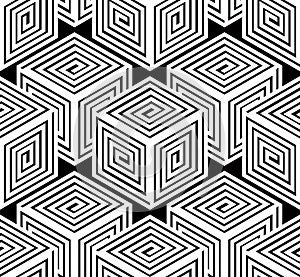 Monochrome illusory abstract geometric seamless pattern, 3d