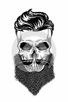 Monochrome illustration barbershop of skull with beard, mustache, hipster haircut and on white background, cartoon