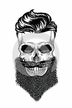 Monochrome illustration barbershop of skull with beard, mustache, hipster haircut and on white background, cartoon