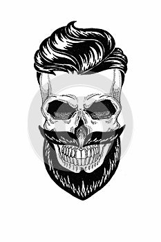 Monochrome illustration barbershop of skull with beard, mustache, hipster haircut and on white background, cartoon