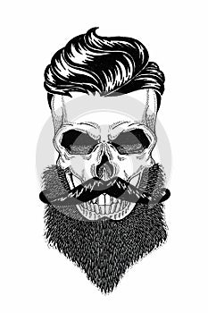 Monochrome illustration barbershop of skull with beard, mustache, hipster haircut and on white background, cartoon