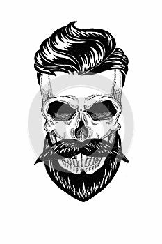 Monochrome illustration barbershop of skull with beard, mustache, hipster haircut and on white background, cartoon