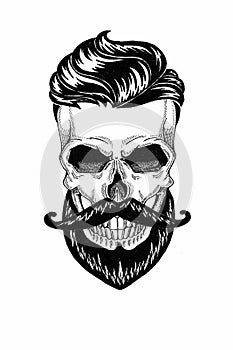 Monochrome illustration barbershop of skull with beard, mustache, hipster haircut and on white background, cartoon