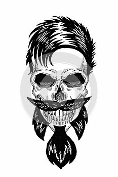 Monochrome illustration barbershop of skull with beard, mustache, hipster haircut and on white background, cartoon