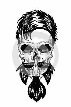 Monochrome illustration barbershop of skull with beard, mustache, hipster haircut and on white background, cartoon