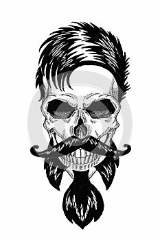 Monochrome illustration barbershop of skull with beard, mustache, hipster haircut and on white background, cartoon