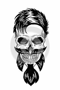 Monochrome illustration barbershop of skull with beard, mustache, hipster haircut and on white background, cartoon