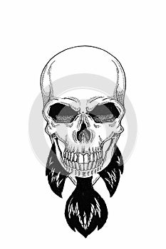 Monochrome illustration barbershop of skull with beard, mustache, hipster haircut and on white background, cartoon