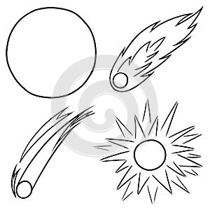 Monochrome illustration, coloring book, Set of images on a white background with various cosmic bodies