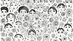 Monochrome illustration of diverse faces surrounded by floral patterns, Generated AI