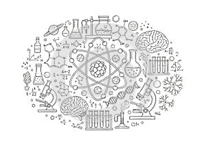 A monochrome illustration features various science-related