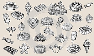 Monochrome illustration featuring array of desserts