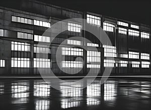 monochrome illustration of a large concrete brutalist building at night with illuminated windows reflected on wet ground.