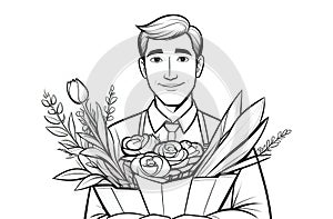 Monochrome illustration of a man with flowers in hand