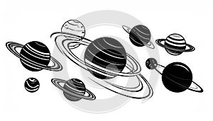 Monochrome illustration of a planetary system, featuring various