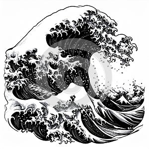 Monochrome Illustration of a Powerful Crashing Wave