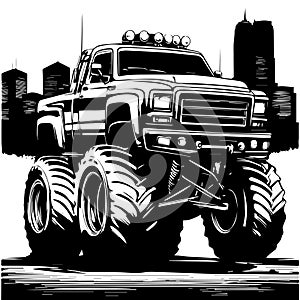 Monochrome Illustration of a Powerful Monster Truck