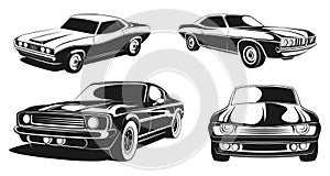 Monochrome illustration set of retro muscle cars. Black vector