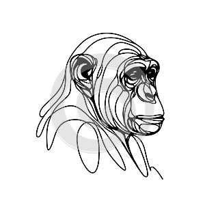 A monochrome illustration showcasing the head of a chimpanzee with a lengthy, curved snout and prominent, wide eyes.
