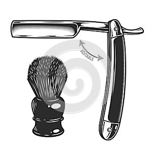 Monochrome illustration of straight razor and shaving brush