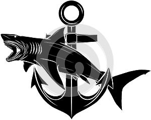 Monochrome illustration of stylized shark with anchor isolated on white.