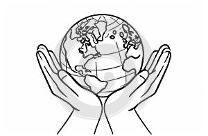Monochrome illustration of two hands clasping a globe