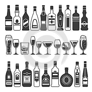 Monochrome illustrations of black pictures of alcoholic bottles. Vector illustrations for logo or label design