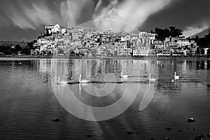 Monochrome image of Anguillara Sabazia from Bracciano lake after thunderstorm