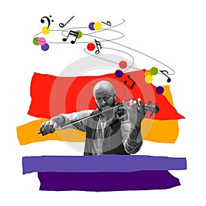 Monochrome image of artistic, talented man playing violin on white background with abstract colorful elements