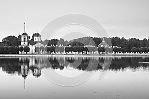 Monochrome image. Church with bell tower in museum-estate Kuskovo, Moscow.