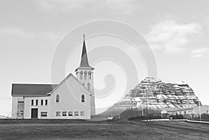 Monochrome Image of Church of Grundarfjordur Town with the Famous Kirkjufell Mountain, Iceland