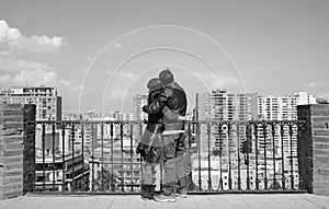 Monochrome Image of Couple Embracing at the View Point of Santa Lucia Hill, Santiago, Chile