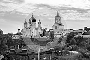 Monochrome image. Holy Bogolyubovo Monastery in sunny summer day, Vladimir region, Russia.