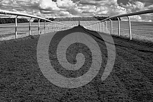 Monochrome image of a horse gallop track in a large open space in rural Britain.