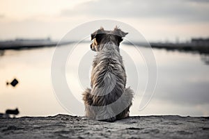 Monochrome image of a lonely dog on the shore of a pond