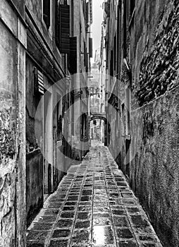 Monochrome image of a long narrow urban alley with wet cobbles and old eroded walls in venice italy