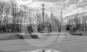 Monochrome image. Monument in honor of awarding Rzhev the title `Ð¡ity of military glory` on the Soviet Square in Rzhev, Russia.