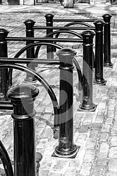 Monochrome image of an old Bicycle stand