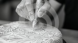 A monochrome image of a person decorating a cake