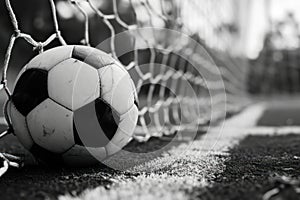 Monochrome image of soccer ball in goal net, symbolizing success and goal achievement on field